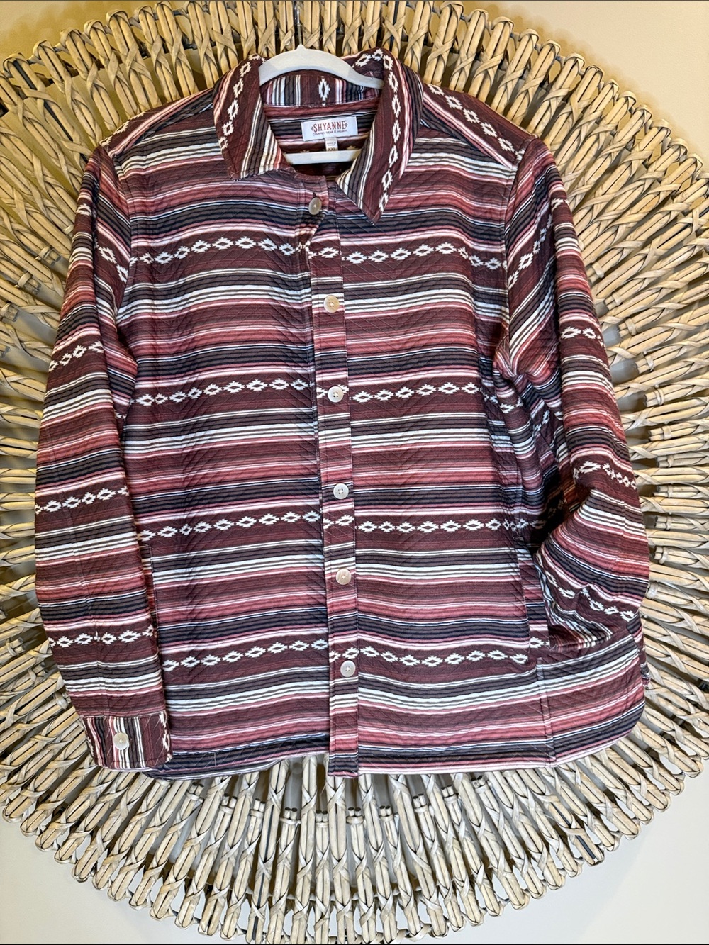 Shyanne Women's Striped Button-Down Shacket in Maroon and White